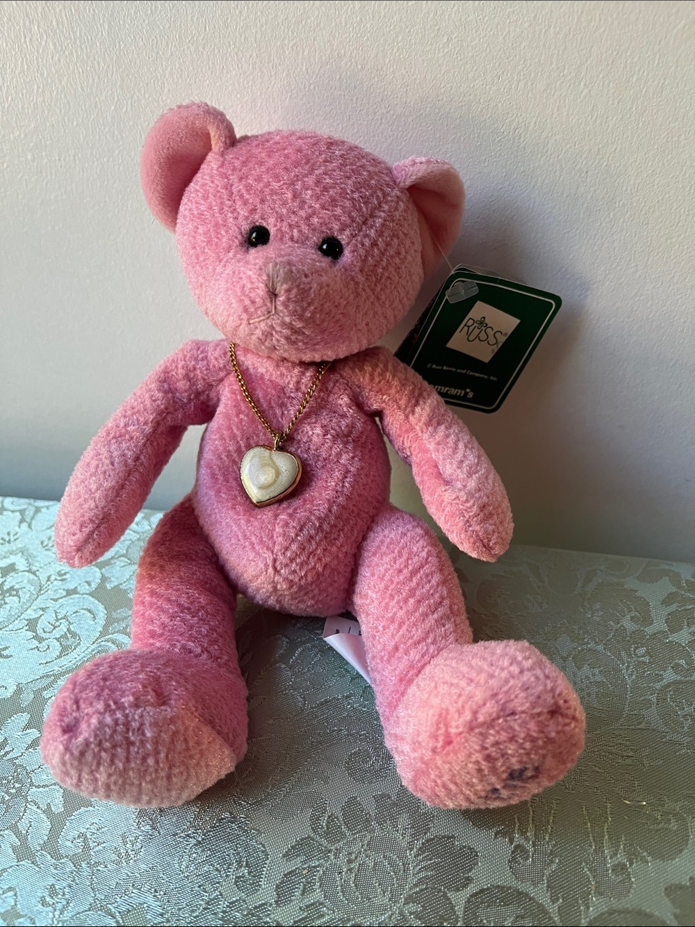 Vintage Russ Berrie "June" Birthstone Bear Plush Pink Heart Necklace